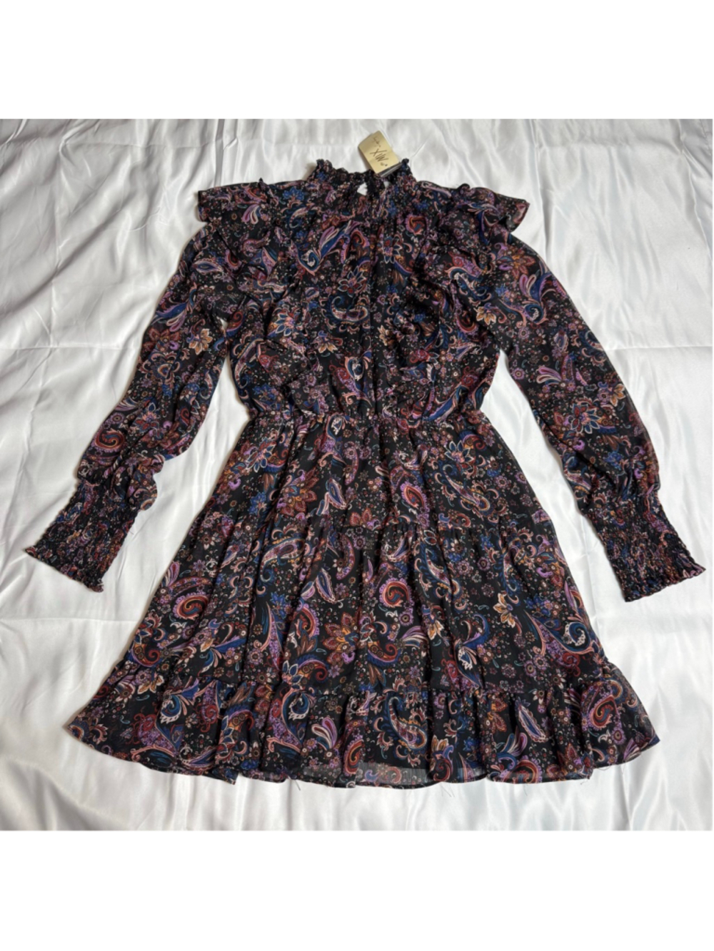 Women's Fate Black Multi-color Paisley Smocked Ruffle Long Sleeve Dress S